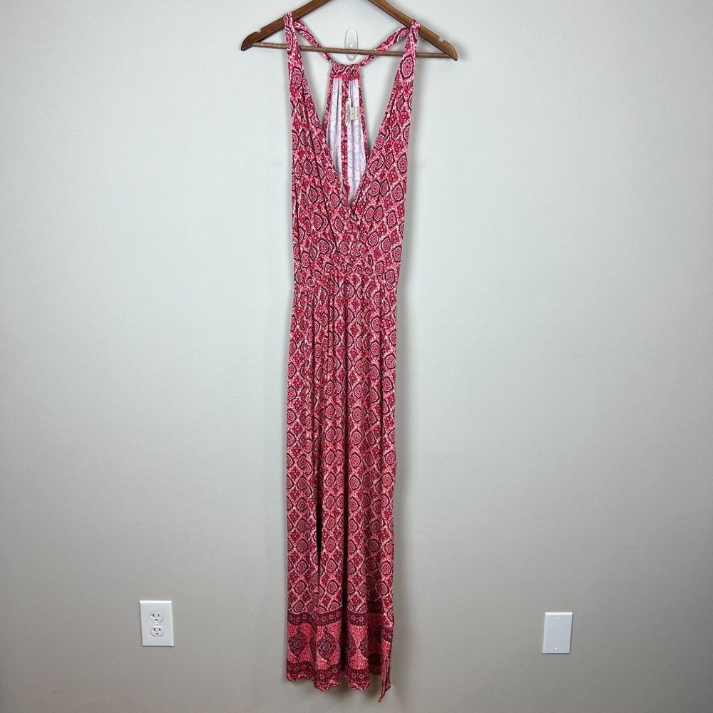 Lucky Brand Maxi Dress Small Red Geometric Boho V-Neck Side Slit Sleeveless